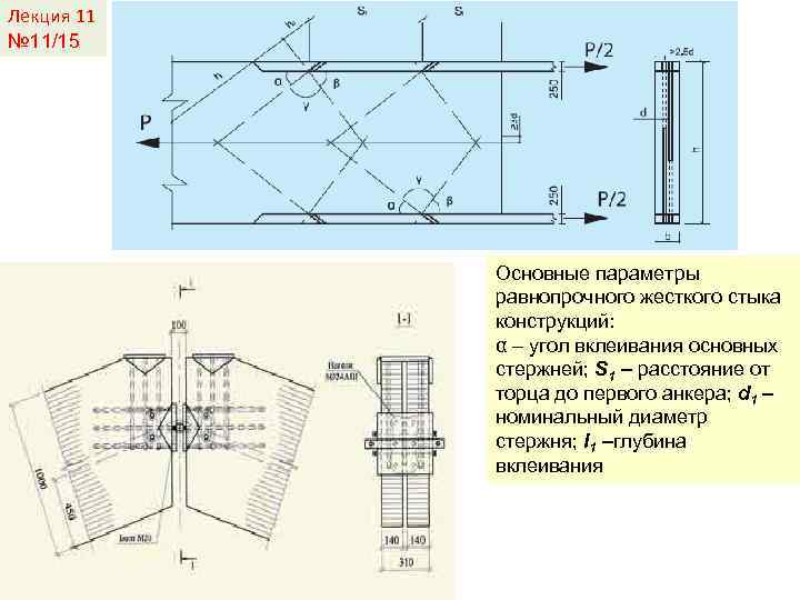 Лекция 11 № 11/15 Основные параметры равнопрочного жесткого стыка конструкций: α – угол вклеивания