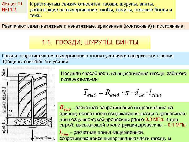 Лекция 11 № 11/2 К растянутым связям относятся гвозди, шурупы, винты, работающие на выдергивание,