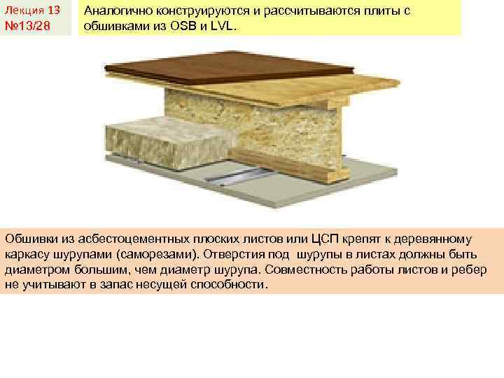 Лекция 13 № 13/28 Аналогично конструируются и рассчитываются плиты с обшивками из OSB и