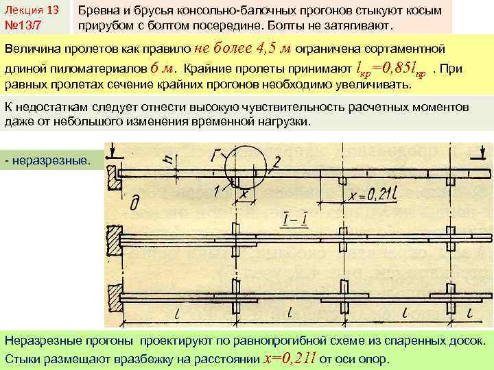 Лекция 13 № 13/7 Бревна и брусья консольно-балочных прогонов стыкуют косым прирубом с болтом