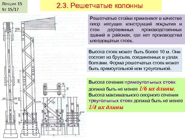 Лекция 15 № 15/17 2. 3. Решетчатые колонны Решетчатые стойки применяют в качестве опор