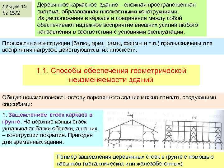 Лекция 15 № 15/2 Деревянное каркасное здание – сложная пространственная система, образованная плоскостными конструкциями.