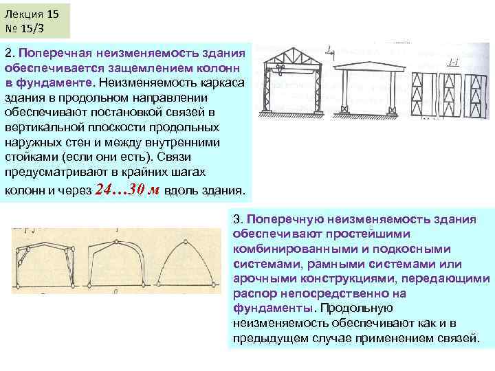 Лекция 15 № 15/3 2. Поперечная неизменяемость здания обеспечивается защемлением колонн в фундаменте. Неизменяемость