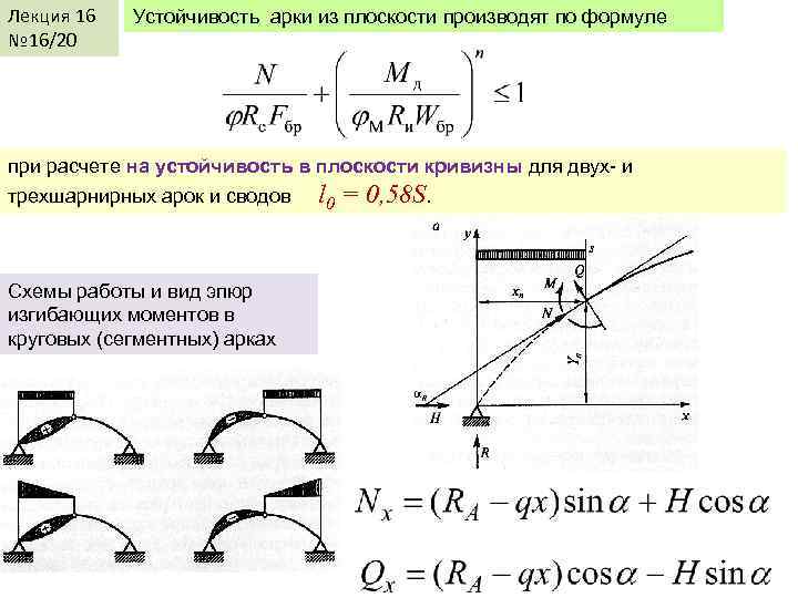 Лекция 16 № 16/20 Устойчивость арки из плоскости производят по формуле при расчете на