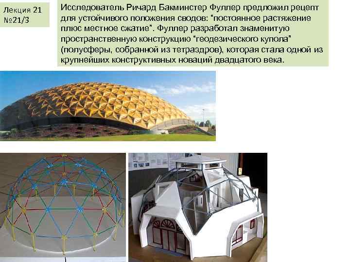 Лекция 21 № 21/3 Исследователь Ричард Бакминстер Фуллер предложил рецепт для устойчивого положения сводов: