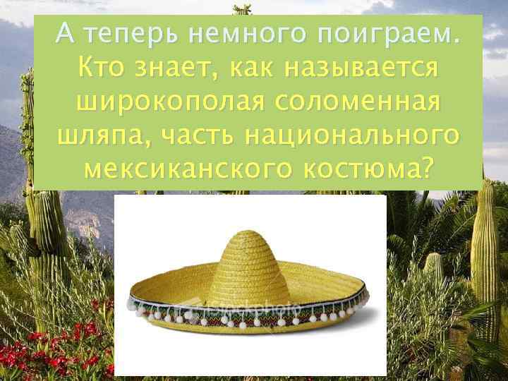 А теперь немного поиграем. Кто знает, как называется широкополая соломенная шляпа, часть национального мексиканского