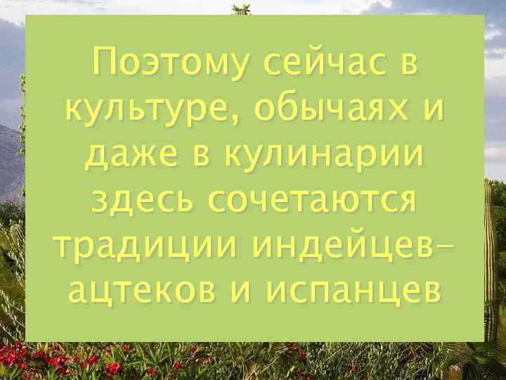 Поэтому сейчас в культуре, обычаях и даже в кулинарии здесь сочетаются традиции индейцевацтеков и