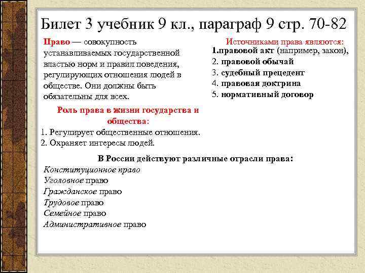 Билет 3 учебник 9 кл. , параграф 9 стр. 70 -82 Право — совокупность