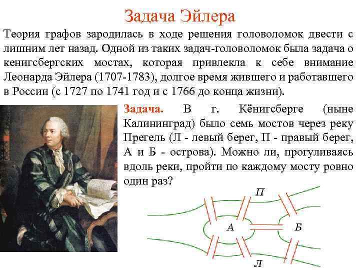 Задача Эйлера Теория графов зародилась в ходе решения головоломок двести с лишним лет назад.