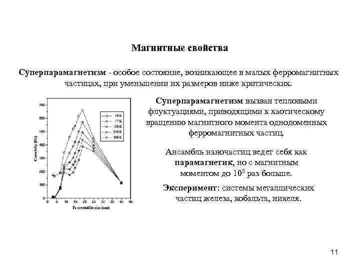 Магнитные свойства Суперпарамагнетизм - особое состояние, возникающее в малых ферромагнитных частицах, при уменьшении их