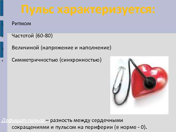 Пульс характеризуется: 1. Ритмом 2. Частотой (60 -80) 3. Величиной (напряжение и наполнение) 4.