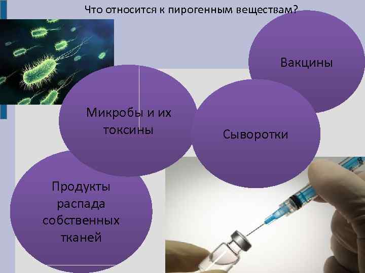 Что относится к пирогенным веществам? Вакцины Микробы и их токсины Продукты распада собственных тканей