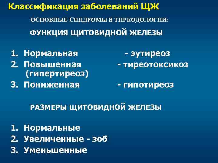 Классификация заболеваний ЩЖ ОСНОВНЫЕ СИНДРОМЫ В ТИРЕОДОЛОГИИ: ФУНКЦИЯ ЩИТОВИДНОЙ ЖЕЛЕЗЫ 1. Нормальная 2. Повышенная