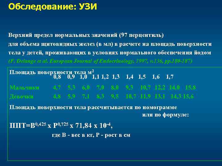 Обследование: УЗИ Верхний предел нормальных значений (97 перцентиль) для объема щитовидных желез (в мл)