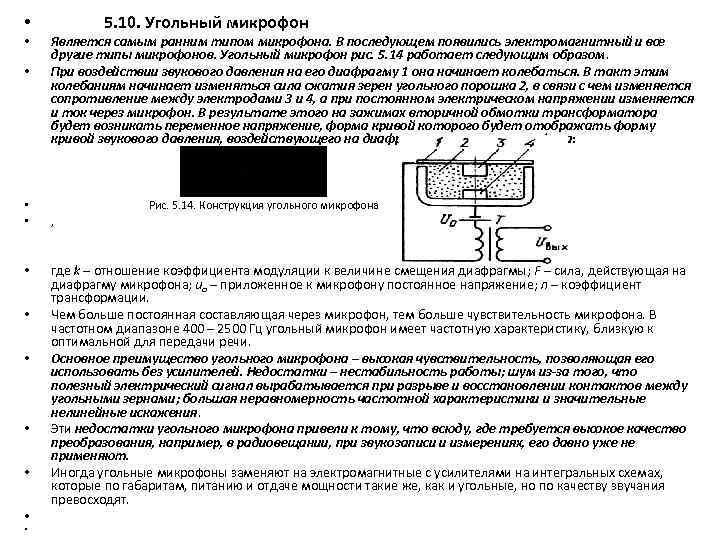  • • • 5. 10. Угольный микрофон Является самым ранним типом микрофона. В