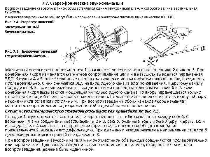 7. 7. Стереофонические звукосниматели Воспроизведение стереопластинок осуществляется одним звукоснимателем, у которого велика вертикальная