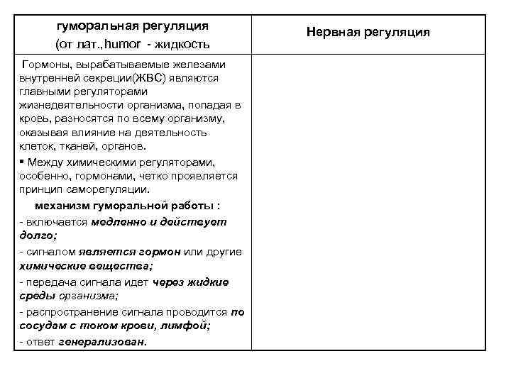 гуморальная регуляция (от лат. , humor - жидкость Гормоны, вырабатываемые железами внутренней секреции(ЖВС) являются