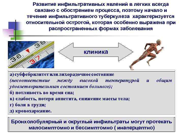 Развитие инфильтративных явлений в легких всегда связано с обострением процесса, поэтому начало и течение