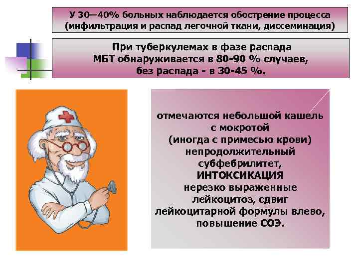 У 30— 40% больных наблюдается обострение процесса (инфильтрация и распад легочной ткани, диссеминация) При