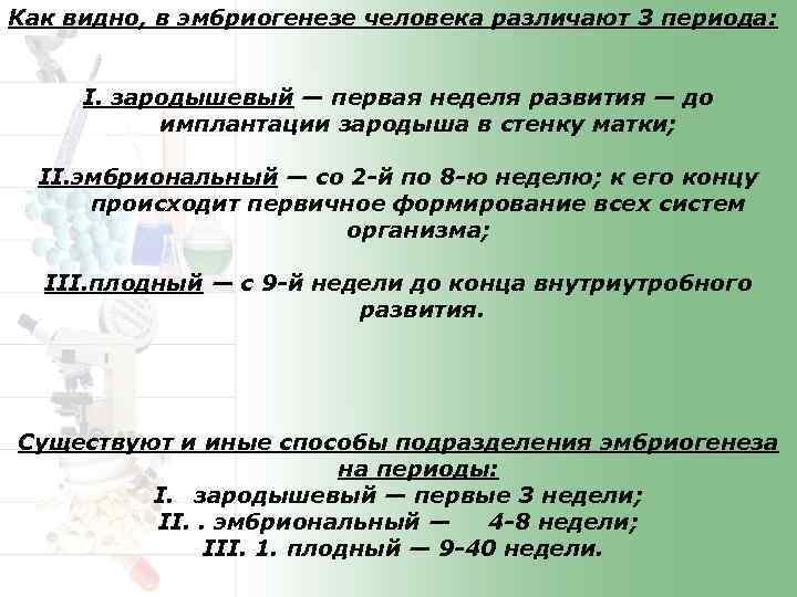 Как видно, в эмбриогенезе человека различают 3 периода: I. зародышевый — первая неделя развития