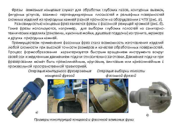  Фрезы алмазные концевые служат для обработки глубоких пазов, контурных выемок, фигурных уступов, взаимно