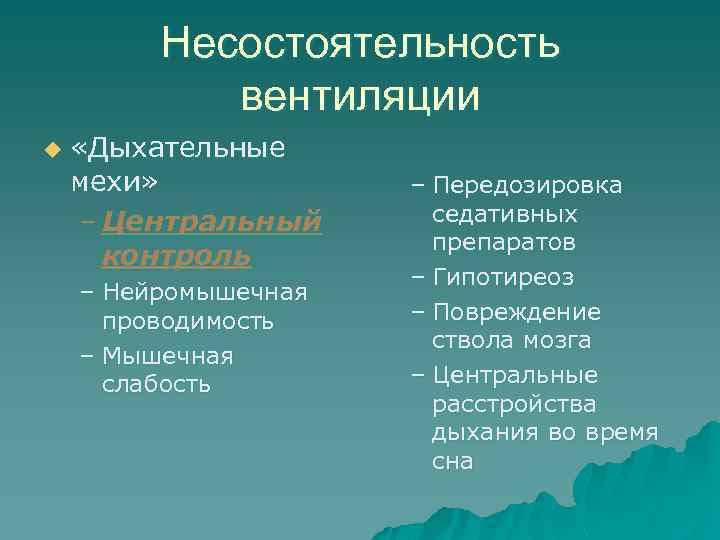 Несостоятельность вентиляции u «Дыхательные мехи» – Центральный контроль – Нейромышечная проводимость – Мышечная слабость