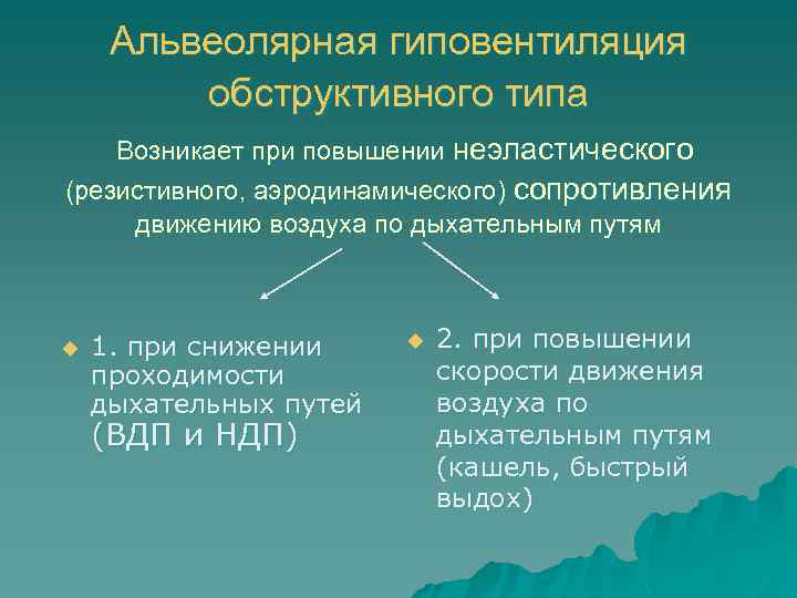 Альвеолярная гиповентиляция обструктивного типа Возникает при повышении неэластического (резистивного, аэродинамического) сопротивления движению воздуха по