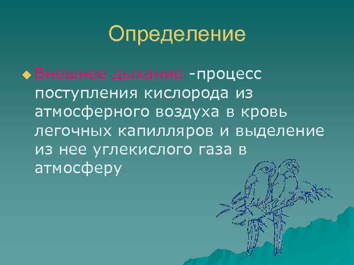 Определение u Внешнее дыхание -процесс поступления кислорода из атмосферного воздуха в кровь легочных капилляров