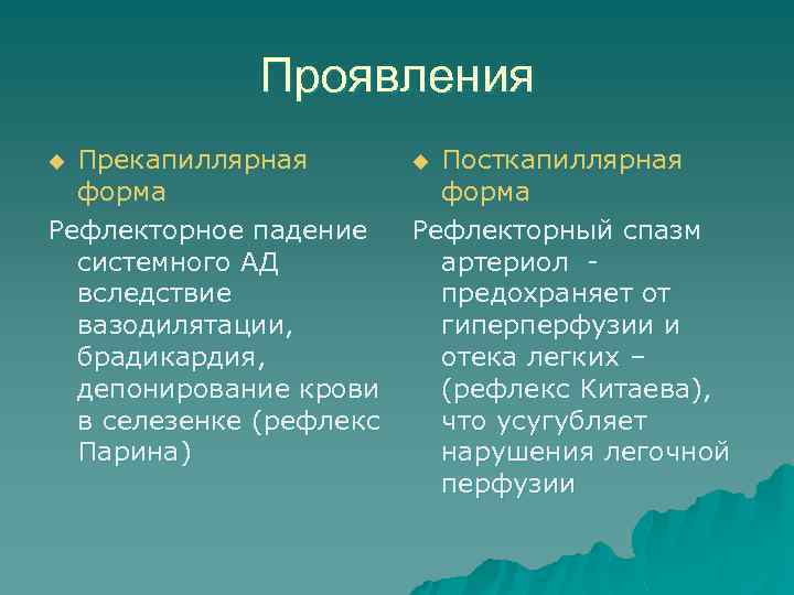 Проявления Прекапиллярная форма Рефлекторное падение системного АД вследствие вазодилятации, брадикардия, депонирование крови в селезенке