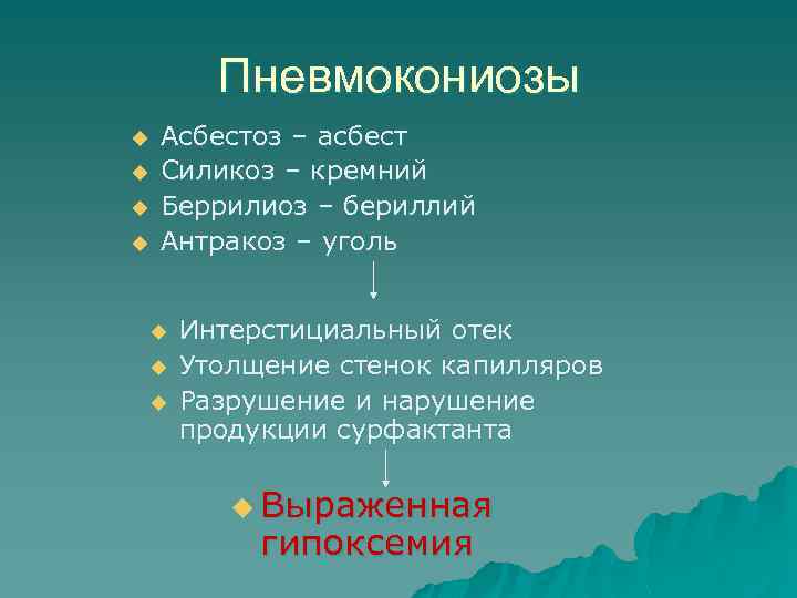 Пневмокониозы u u Асбестоз – асбест Силикоз – кремний Беррилиоз – бериллий Антракоз –