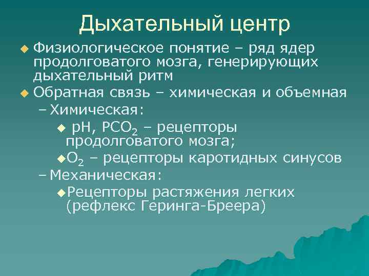 Дыхательный центр Физиологическое понятие – ряд ядер продолговатого мозга, генерирующих дыхательный ритм u Обратная