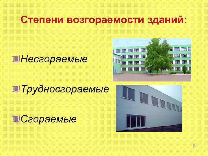 Степени возгораемости зданий: Несгораемые Трудносгораемые Сгораемые 9 