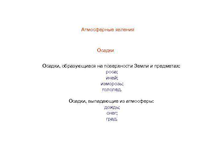 Атмосферные явления Осадки, образующиеся на поверхности Земли и предметах: роса; иней; изморозь; гололед. Осадки,