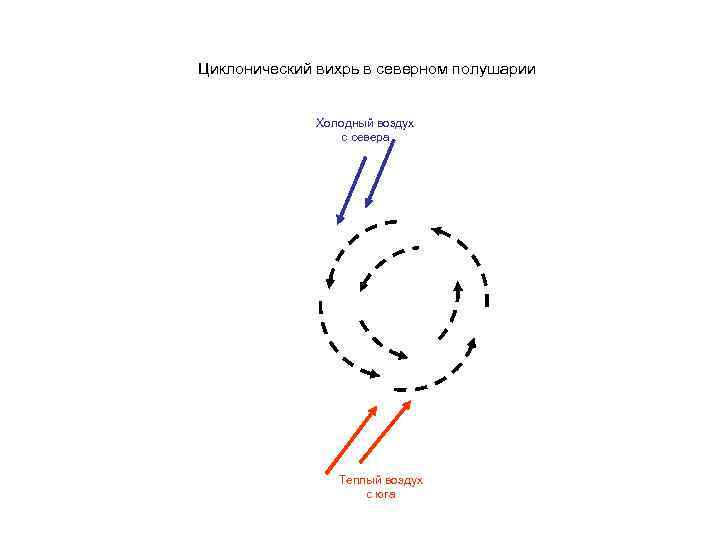 Циклонический вихрь в северном полушарии Холодный воздух с севера Теплый воздух с юга 