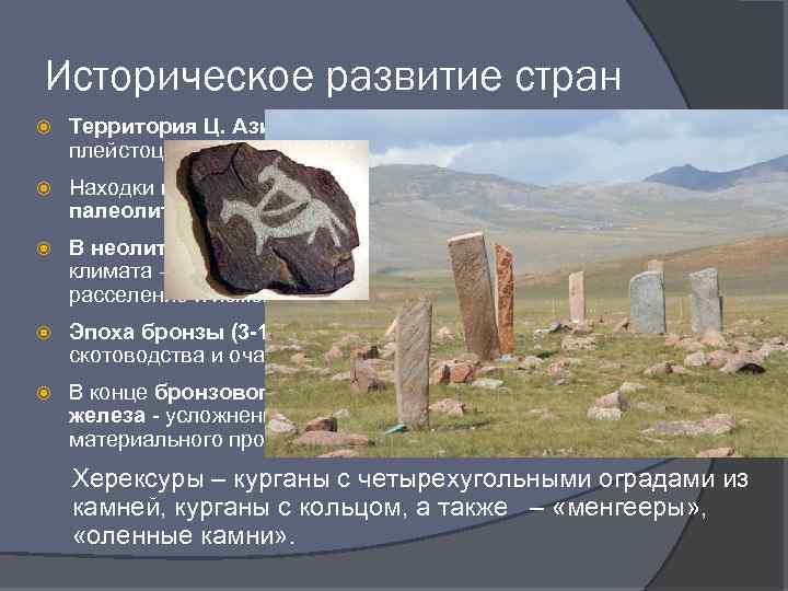 Историческое развитие стран Территория Ц. Азии населена человеком с середины плейстоцена (ок 500 тыс.