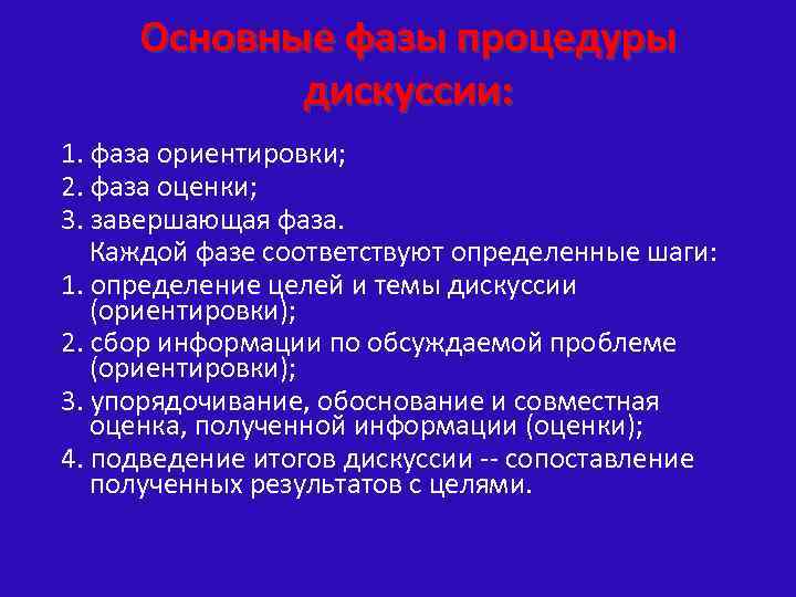 Основные фазы процедуры дискуссии: 1. фаза ориентировки; 2. фаза оценки; 3. завершающая фаза. Каждой