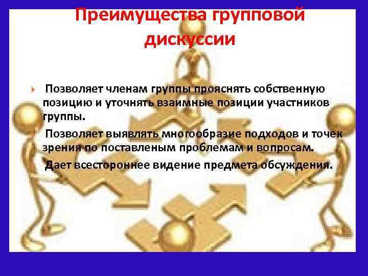 Преимущества групповой дискуссии Позволяет членам группы прояснять собственную позицию и уточнять взаимные позиции участников