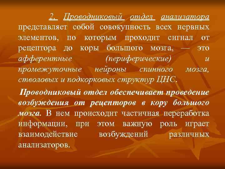 2. Проводниковый отдел анализатора представляет собой совокупность всех нервных элементов, по которым проходит сигнал