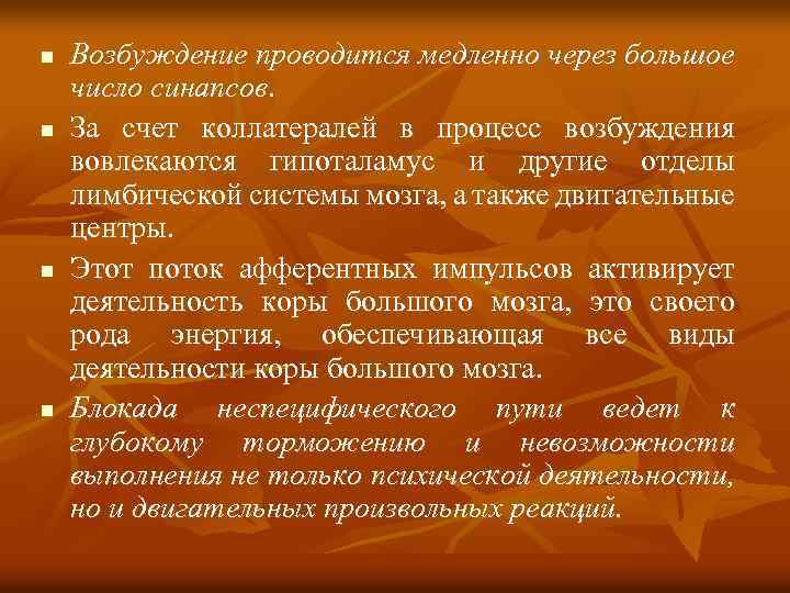 n n Возбуждение проводится медленно через большое число синапсов. За счет коллатералей в процесс