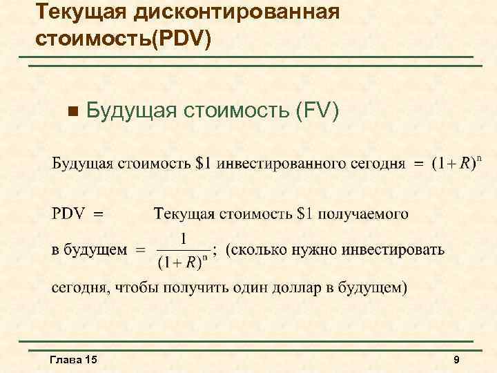 Текущая дисконтированная стоимость(PDV) n Будущая стоимость (FV) Глава 15 9 