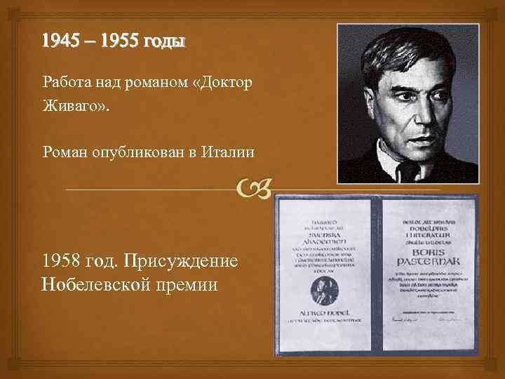 1945 – 1955 годы Работа над романом «Доктор Живаго» . Роман опубликован в Италии