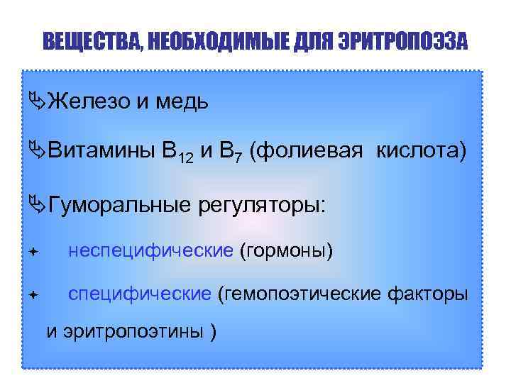 ВЕЩЕСТВА, НЕОБХОДИМЫЕ ДЛЯ ЭРИТРОПОЭЗА ÄЖелезо и медь ÄВитамины В 12 и В 7 (фолиевая