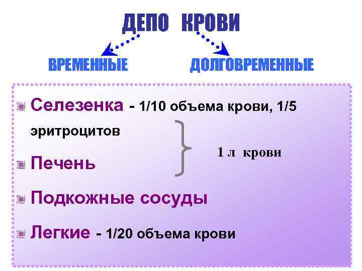 ДЕПО КРОВИ ВРЕМЕННЫЕ ДОЛГОВРЕМЕННЫЕ Селезенка - 1/10 объема крови, 1/5 эритроцитов Печень 1 л