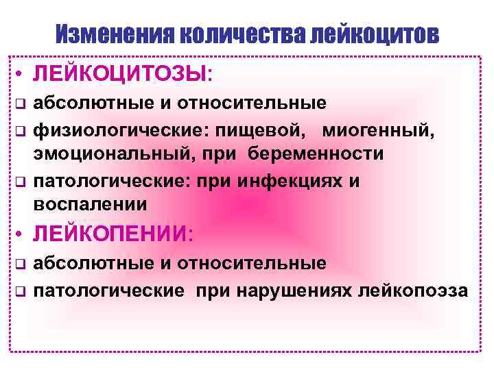 Изменения количества лейкоцитов • ЛЕЙКОЦИТОЗЫ: q q q абсолютные и относительные физиологические: пищевой, миогенный,