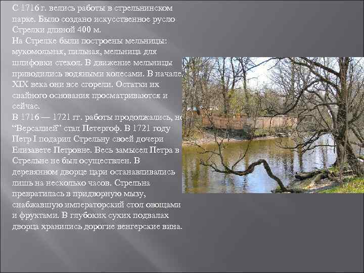 С 1716 г. велись работы в стрельнинском парке. Было создано искусственное русло Стрелки длиной