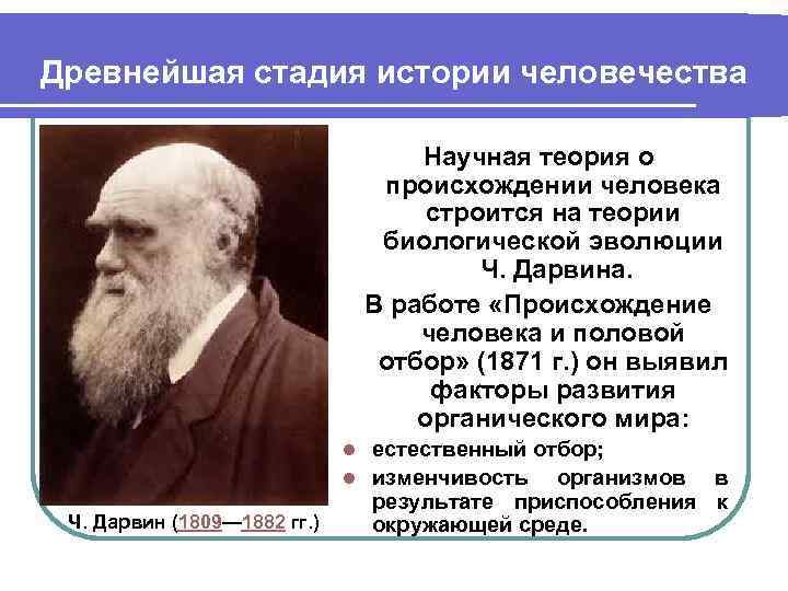 Древнейшая стадия истории человечества Научная теория о происхождении человека строится на теории биологической эволюции