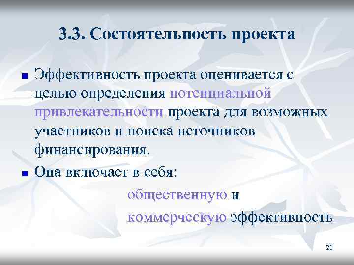 3. 3. Состоятельность проекта n n Эффективность проекта оценивается с целью определения потенциальной привлекательности