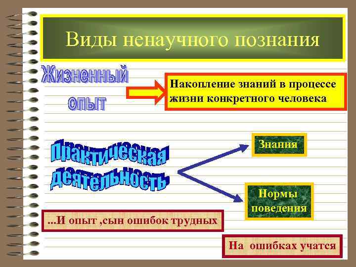 Виды ненаучного познания Накопление знаний в процессе жизни конкретного человека Знания . . .