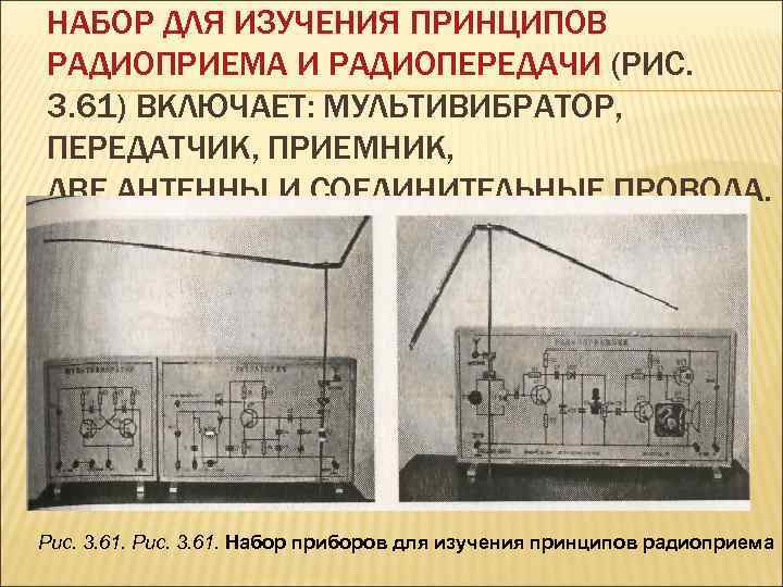 НАБОР ДЛЯ ИЗУЧЕНИЯ ПРИНЦИПОВ РАДИОПРИЕМА И РАДИОПЕРЕДАЧИ (РИС. 3. 61) ВКЛЮЧАЕТ: МУЛЬТИВИБРАТОР, ПЕРЕДАТЧИК, ПРИЕМНИК,