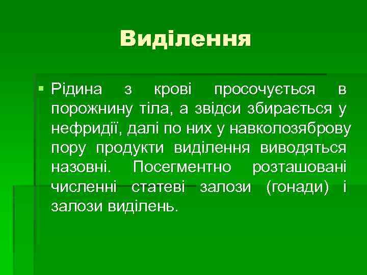 Виділення § Рідина з крові просочується в порожнину тіла, а звідси збирається у нефридії,